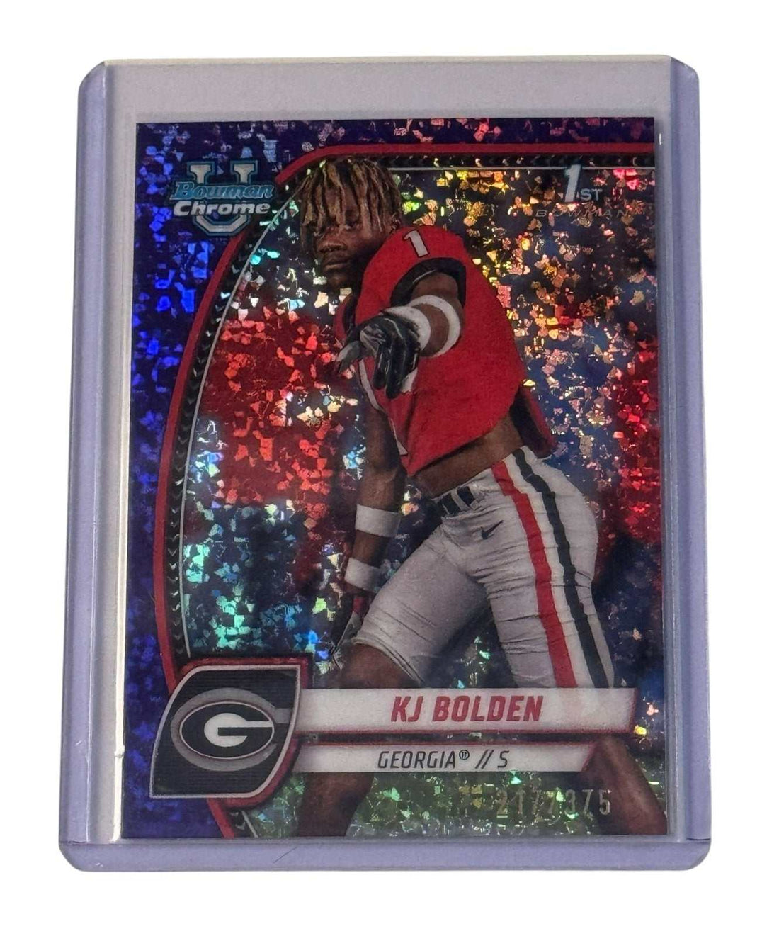 2024 Bowman U Chrome Shimmer KJ Bolden RC Georgia Bulldogs football card numbered 76/75 in protective case
