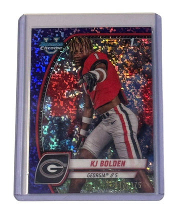 2024 Bowman U Chrome Shimmer KJ Bolden RC Georgia Bulldogs football card numbered 76/75 in protective case