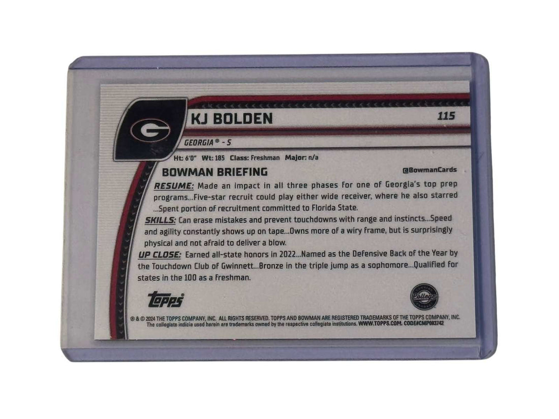 2024 Bowman U Chrome Shimmer KJ Bolden RC Georgia Bulldogs football card numbered 76/75 in protective case