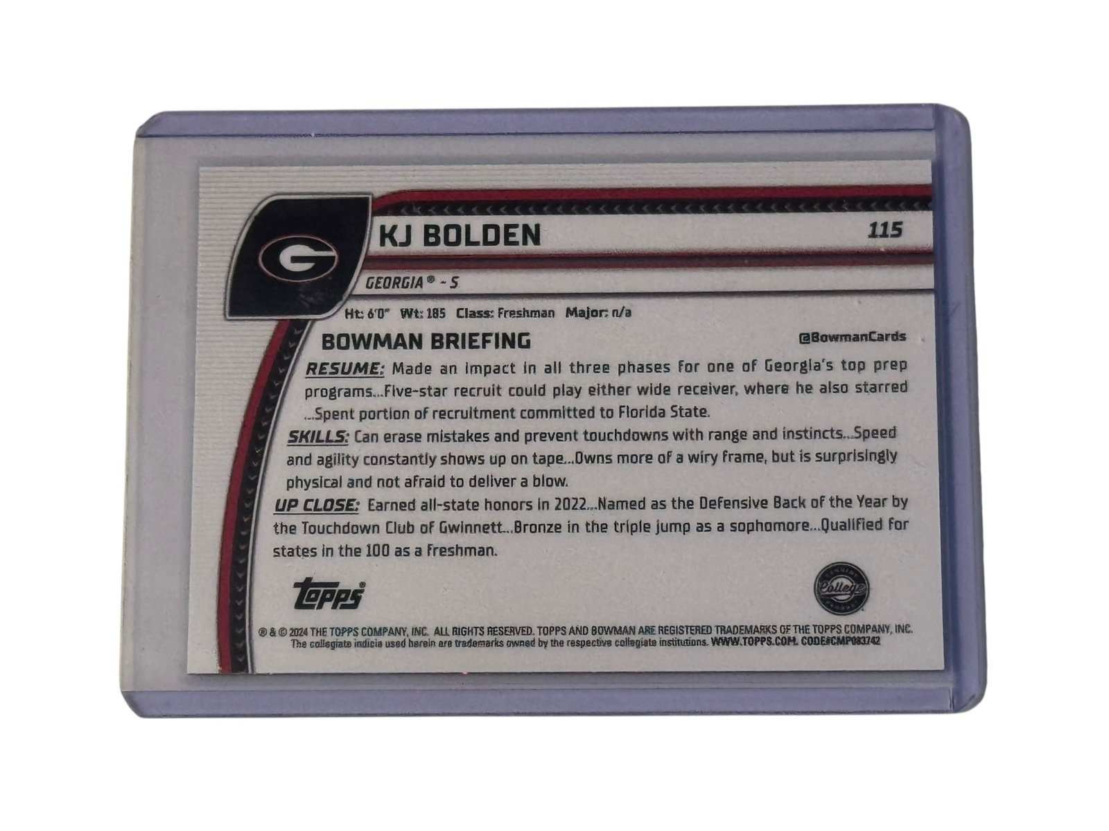 2024 Bowman U Chrome Shimmer KJ Bolden RC football card numbered 115/75 Georgia Bulldogs