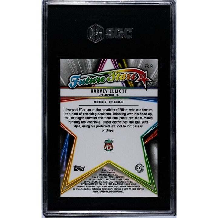 Harvey Elliott 2021-22 Topps Chrome UEFA UCL Future Stars Refractor soccer trading card graded SGC 10 in near mint condition