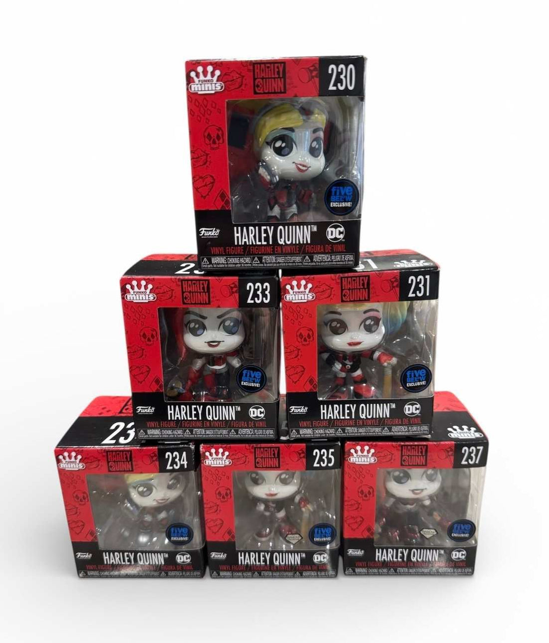 Full set of Harley Quinn Funko Minis #230-237 in original unopened boxes with Five Below exclusives.