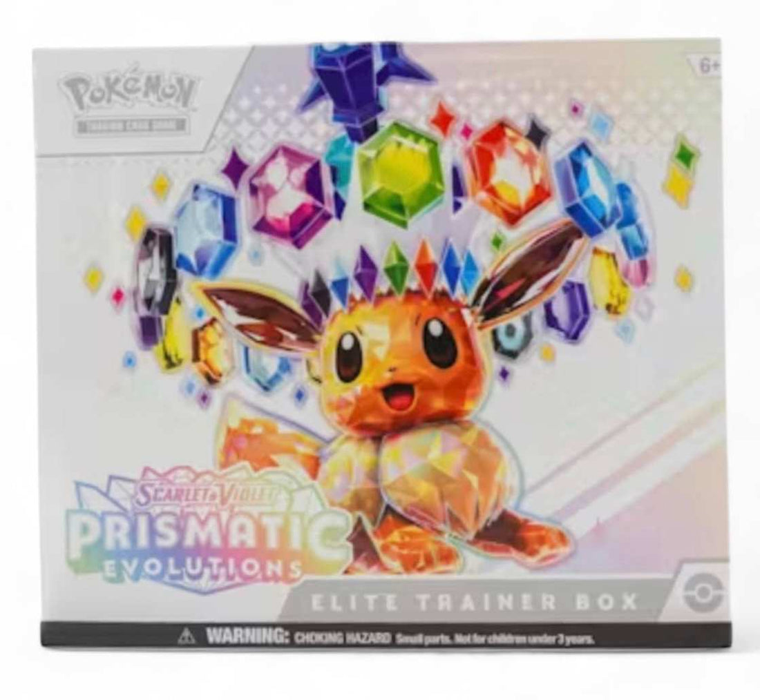 Sealed Pokémon TCG Prismatic Evolutions Elite Trainer Box with Scarlet & Violet booster packs and accessories