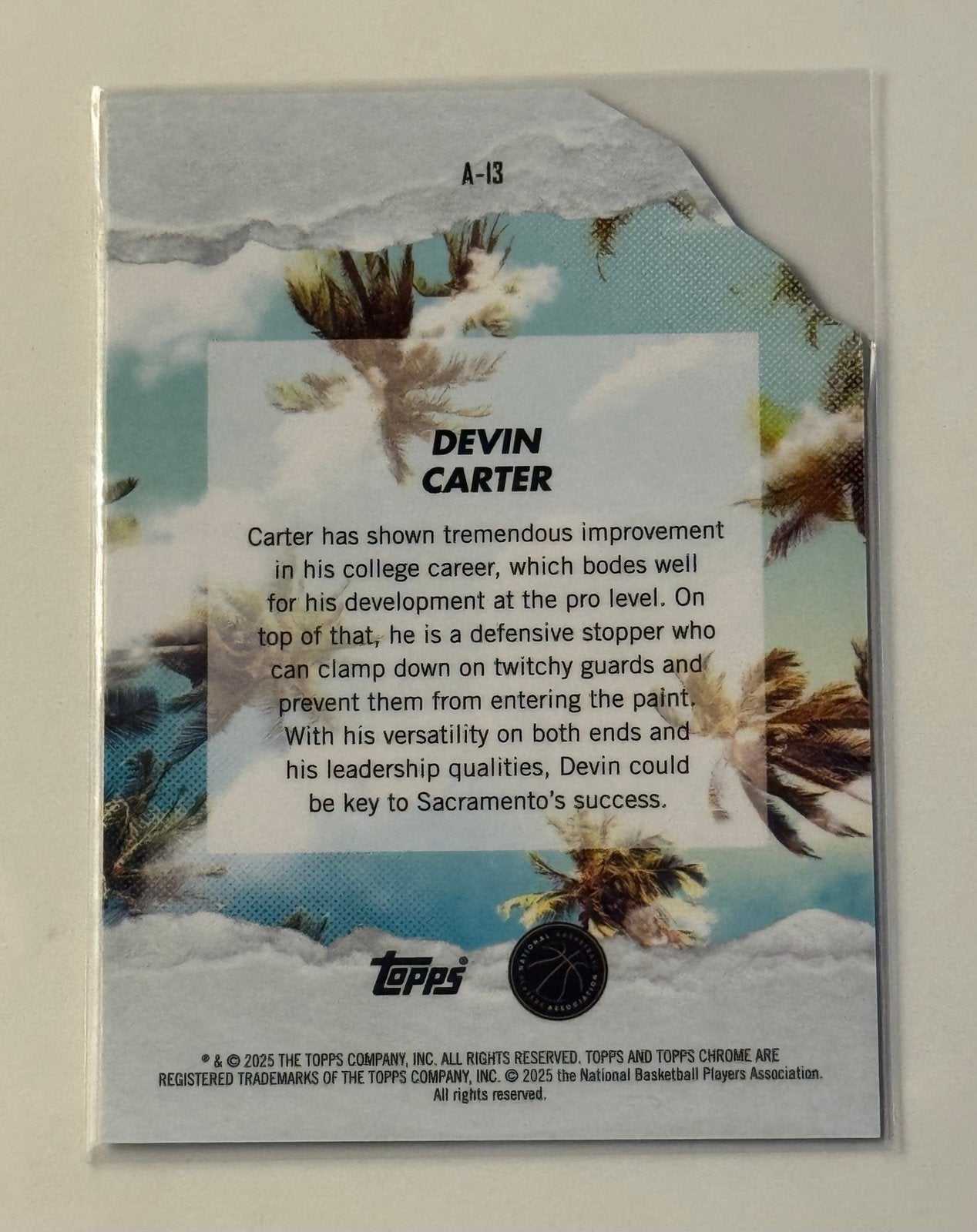 2024-25 Devin Carter RC Topps Finest Arrivals NBA Sacramento Kings rookie card back view