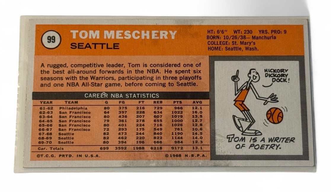 1970-71 Topps Tom Meschery NBA Seattle Supersonics vintage basketball card back