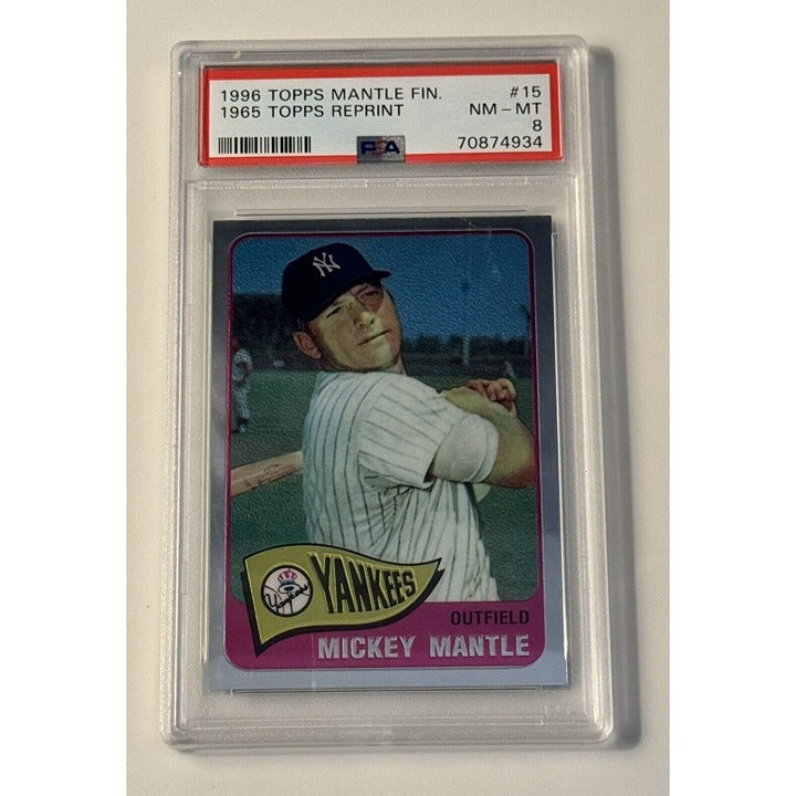 Reprint 1996 Topps Finest Mickey Mantle 1965 MLB Yankees graded PSA 8 collectible card