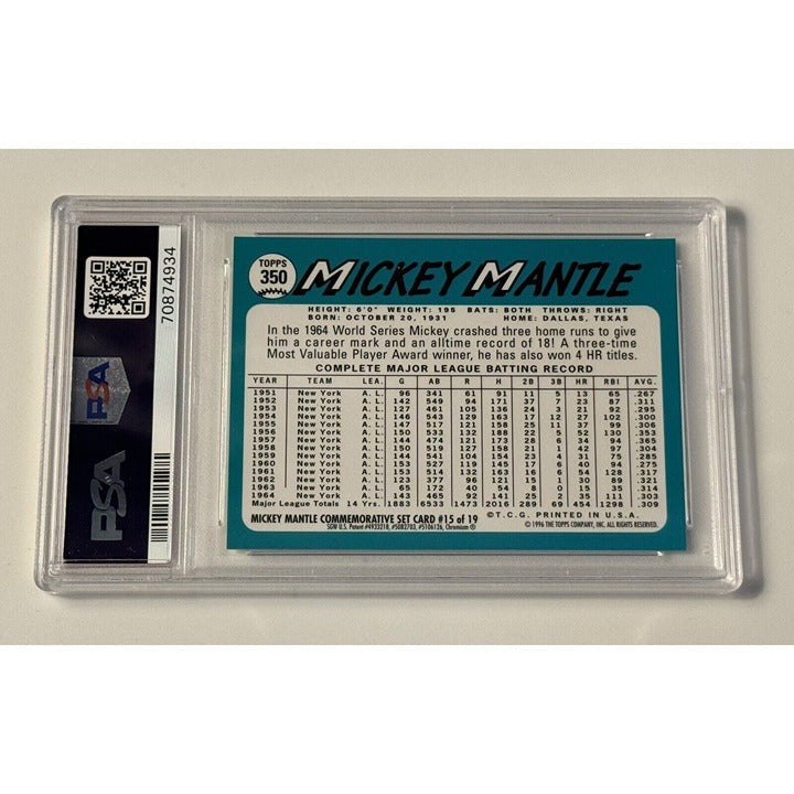 1996 Topps Finest Mickey Mantle reprint baseball card PSA 8 back view MLB Yankees