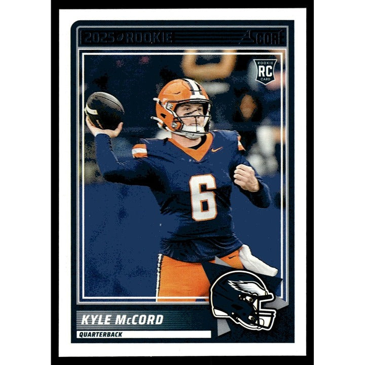 Kyle McCord RC 2025 Panini Score NFL football card, rookie quarterback in action, near mint condition