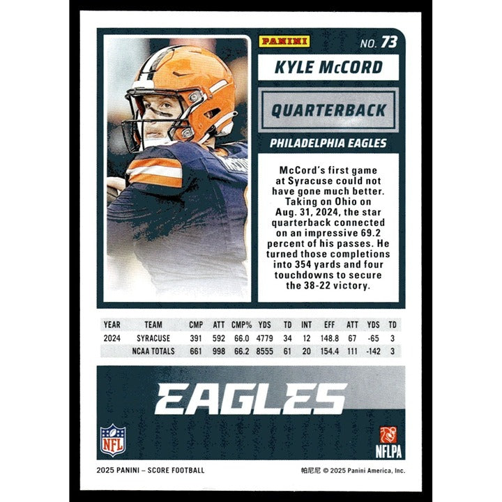 Kyle McCord RC 2025 Panini Score NFL football card #73 Eagles near mint condition