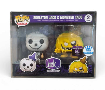 Funko Shop exclusive Ad Icons 2 Pack featuring Skeleton Jack and Monster Taco vinyl figures in display box with special edition sticker