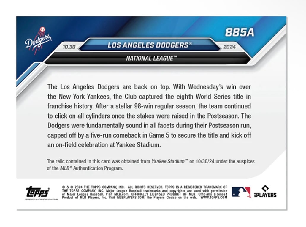 2024 World Series game-used base relic card of LA Dodgers sealed Topps MLB