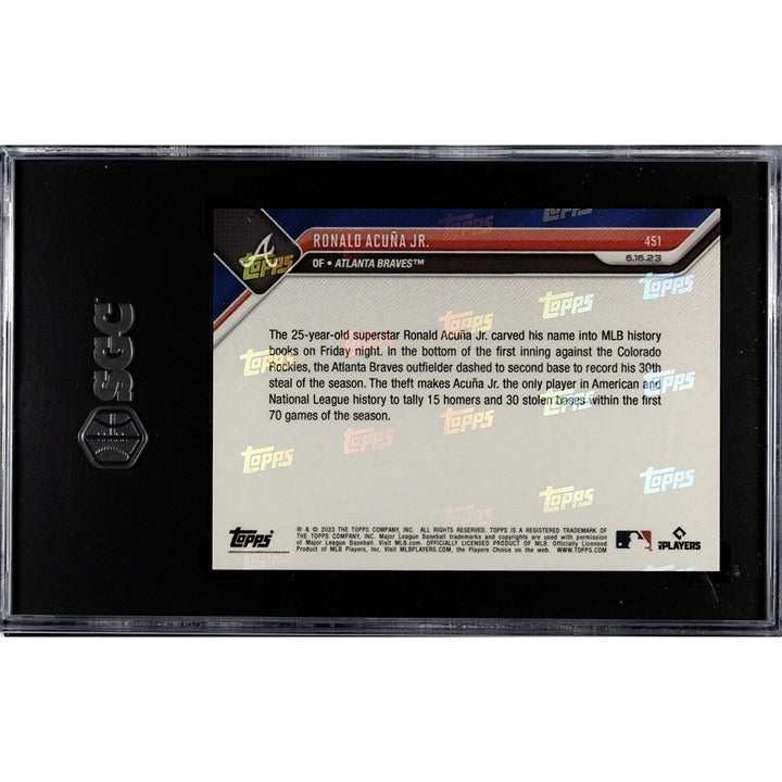 2023 Topps NOW Ronald Acuna Jr baseball card SGC 10 graded with 15 HR and 30 SB in first 70 games