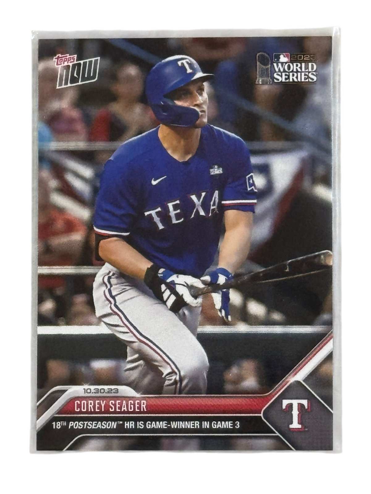 2023 WORLD SERIES Corey Seager Topps NOW Texas Rangers baseball card celebrating Game 3 game-winning home run