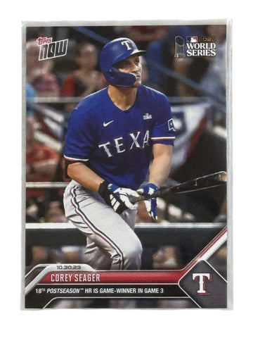 2023 WORLD SERIES Corey Seager Topps NOW Texas Rangers baseball card celebrating Game 3 game-winning home run