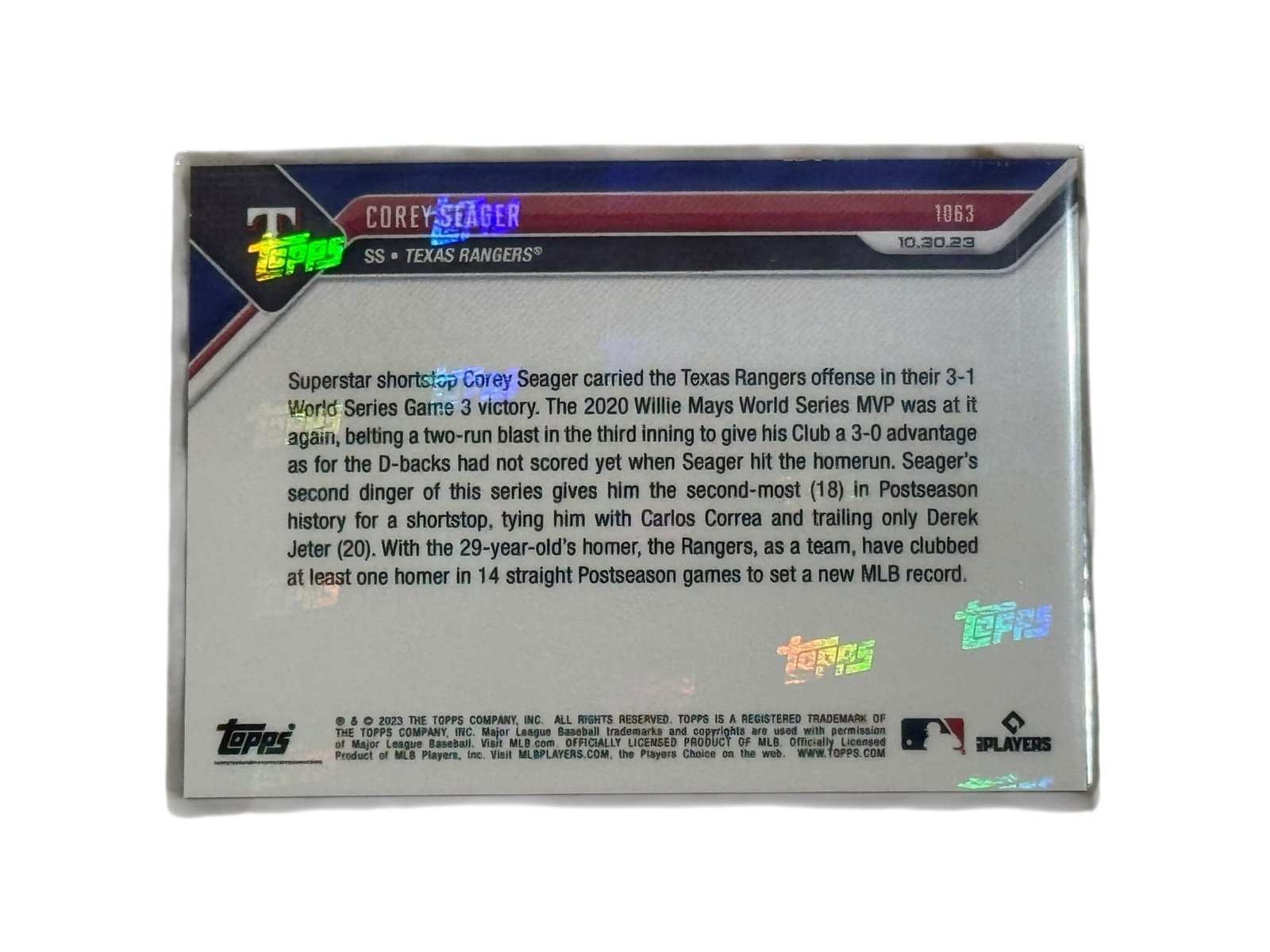 2023 WORLD SERIES Corey Seager Topps NOW Texas Rangers baseball card featuring Game 3 winning home run