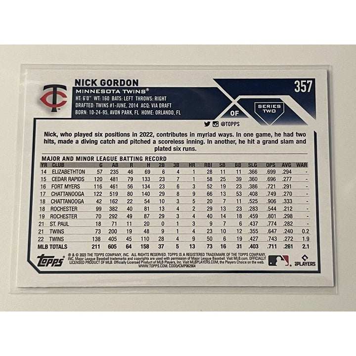 Nick Gordon 2023 Topps Minnesota Twins baseball card #357 showing him batting in MLB uniform