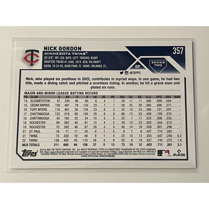Nick Gordon 2023 Topps MLB Minnesota Twins baseball card back view with stats and player info