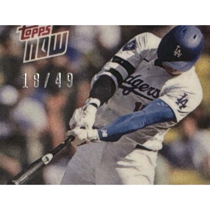 18/49 trading card of Shohei Ohtani and Mookie Betts 2024 Topps Now Dodgers Back to Back stars