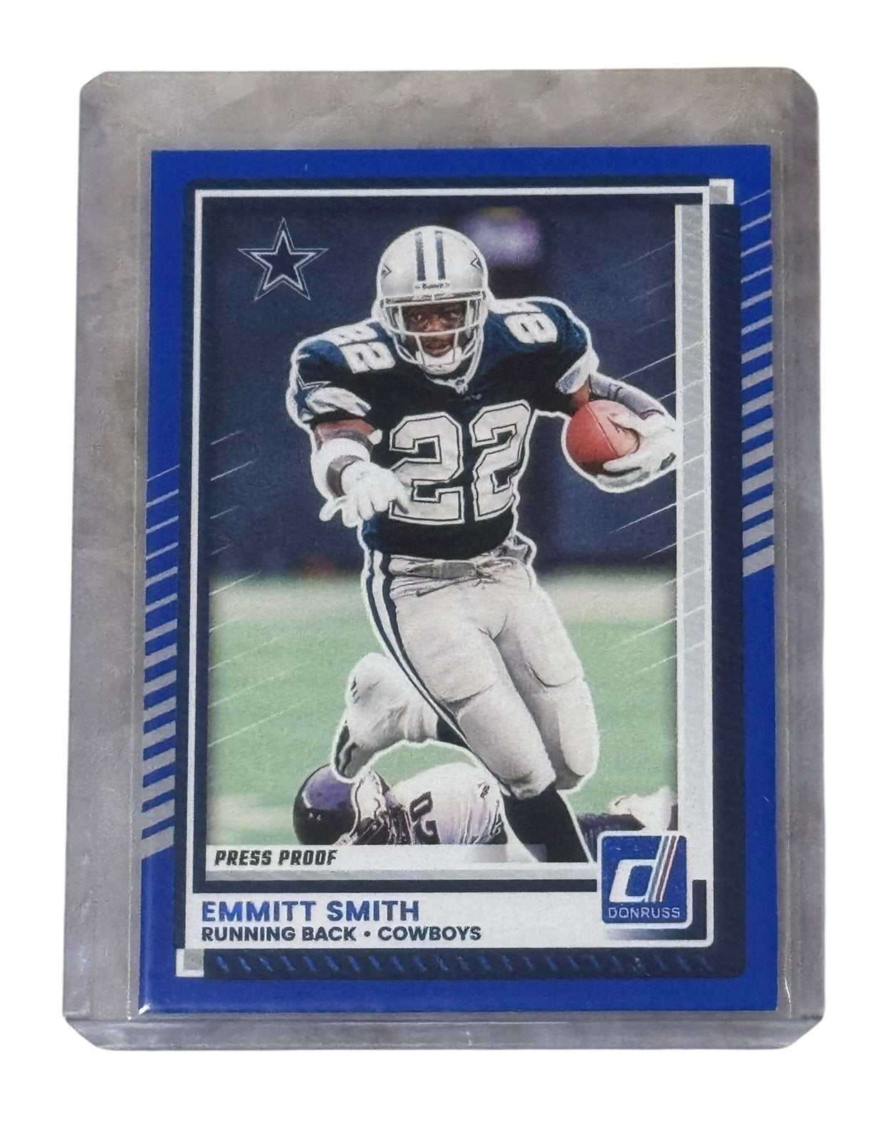 Emmitt Smith 2024 Donruss Press Proof Blue Dallas Cowboys NFL football card in protective holder