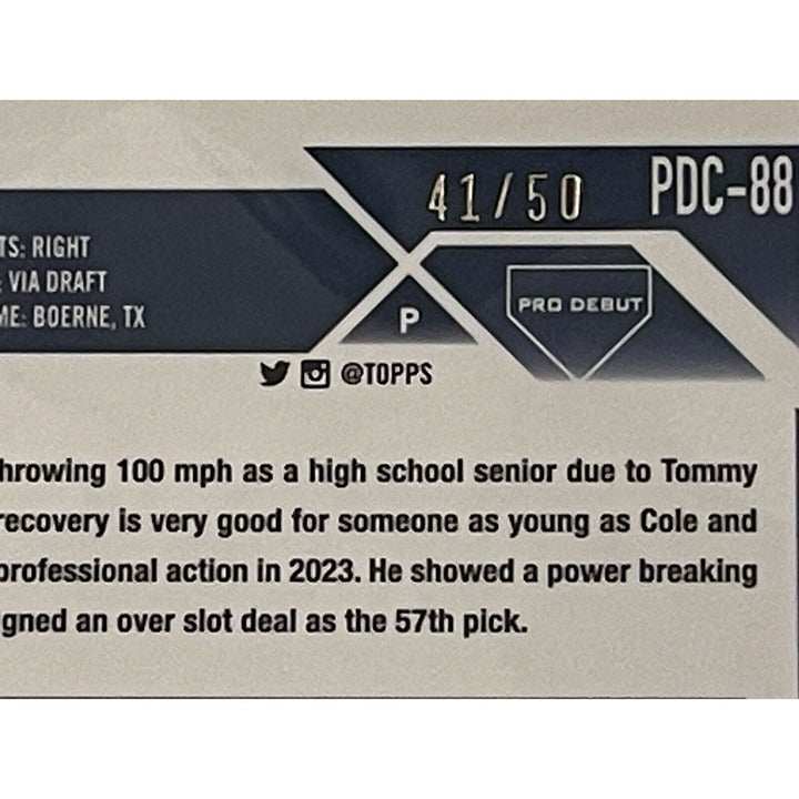 2023 Topps Pro Debut Chrome Cole Phillips FCL Braves SSP red refractor baseball card