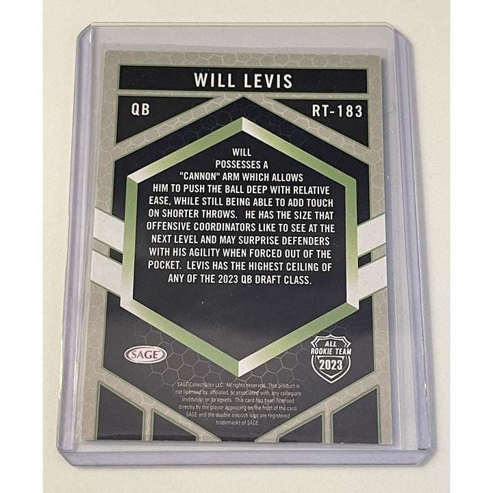 Sage 2023 trading card of Will Levis NCAA Wildcats/NFL Titans All Rookie Team football player in protective case