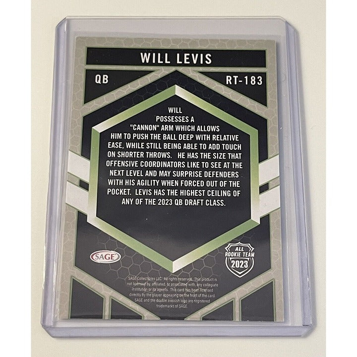 Sage 2023 trading card of Will Levis NCAA Wildcats/NFL Titans All Rookie Team football player RT-183 in protective sleeve