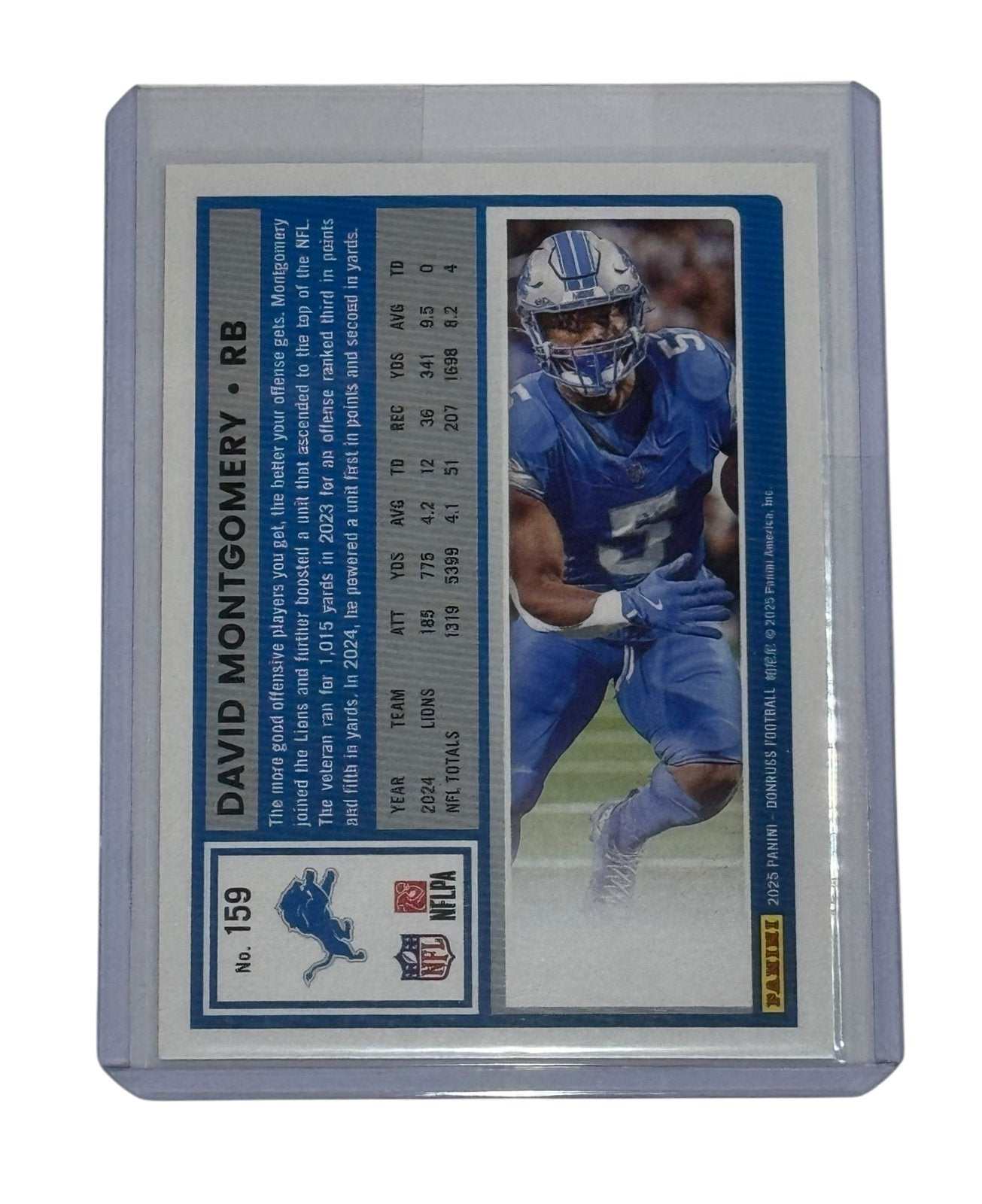 David Montgomery Mint 2025 Panini Donruss NFL Detroit Lions RB collectible card #159 in protective case