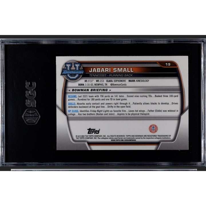 2022 Bowman U Chrome Jabari Small RC Pink Refractor football trading card Tennessee Vols SGC 9