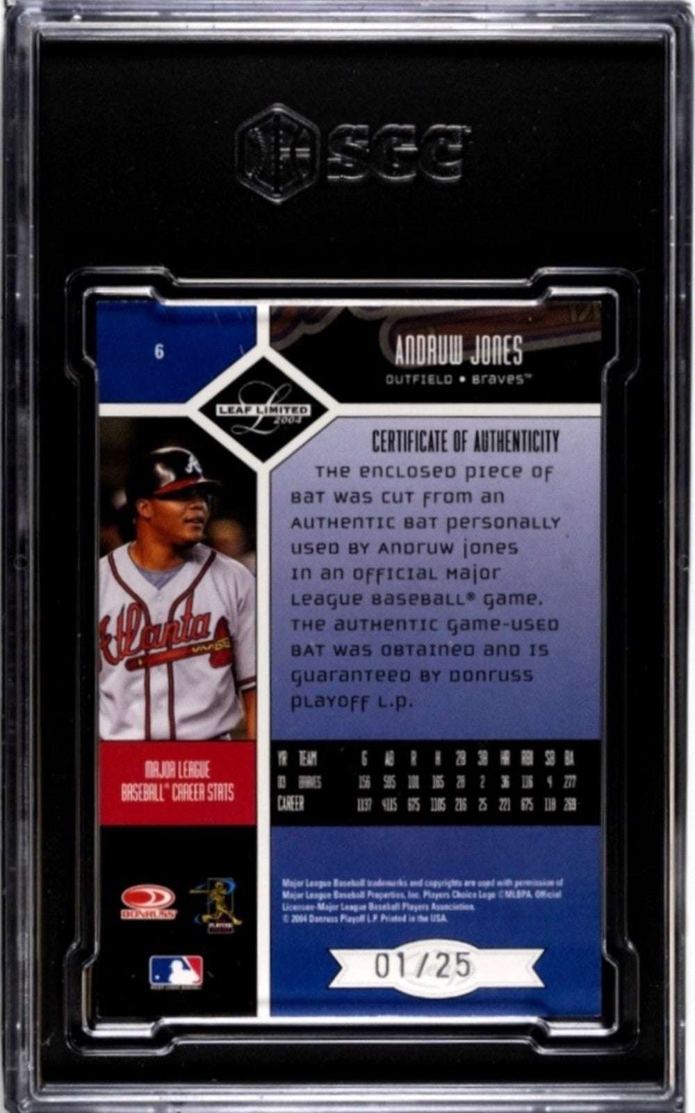 2004 LEAF LIMITED Andruw Jones autographed Atlanta Braves bat card SGC 8 graded