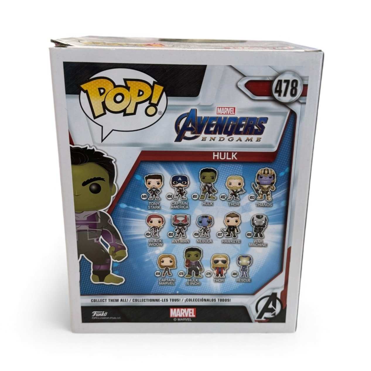 Hulk Avengers Endgame Funko Pop figure #478 in sealed box with vibrant colors and sharp corners