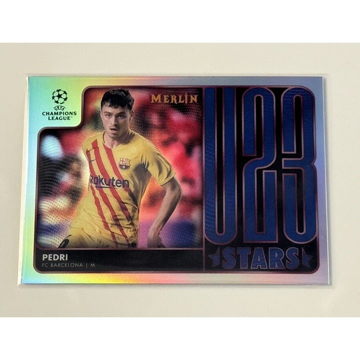 PEDRI 2022 Topps Merlin Chrome U23 Stars Refractor soccer card featuring FC Barcelona player in holographic design