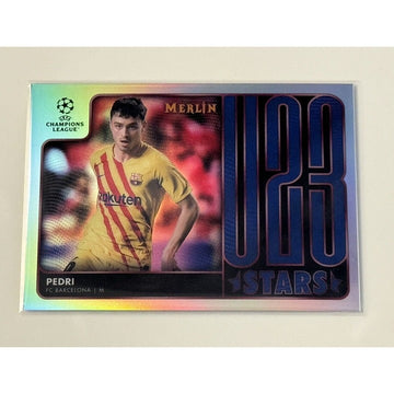 PEDRI 2022 Topps Merlin Chrome U23 Stars Refractor soccer card featuring FC Barcelona player in holographic design