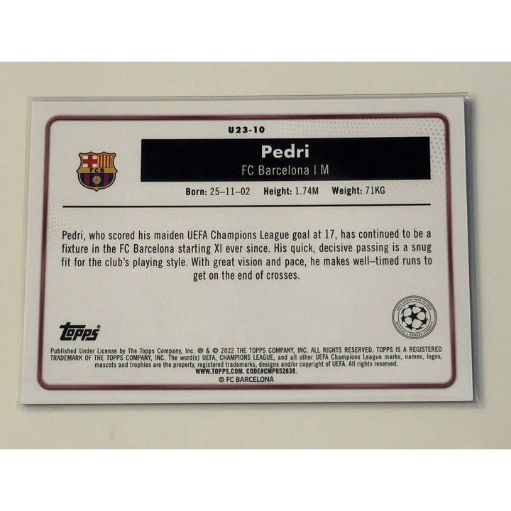 PEDRI 2022 Topps Merlin Chrome U23 Stars Refractor FC Barcelona soccer card back view