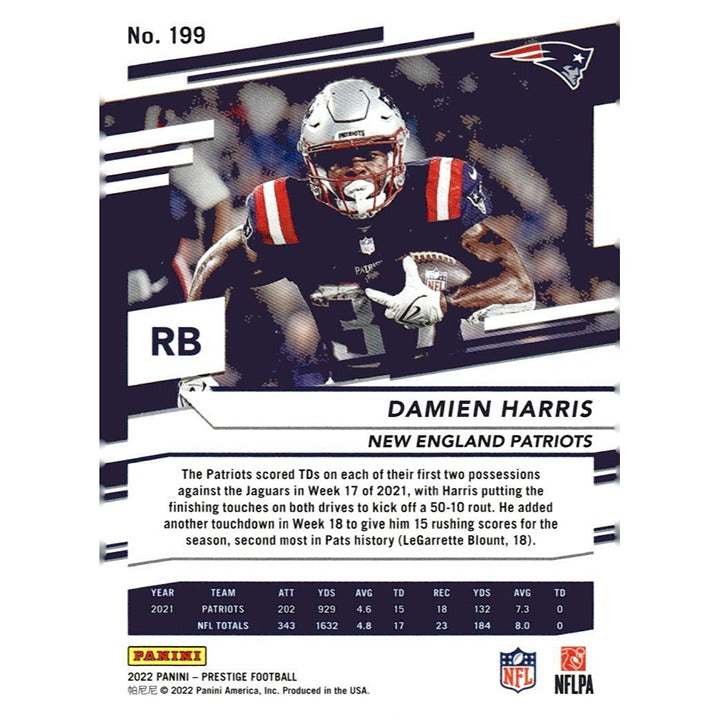2022 Panini Prestige Damien Harris NFL New England Patriots football card #199