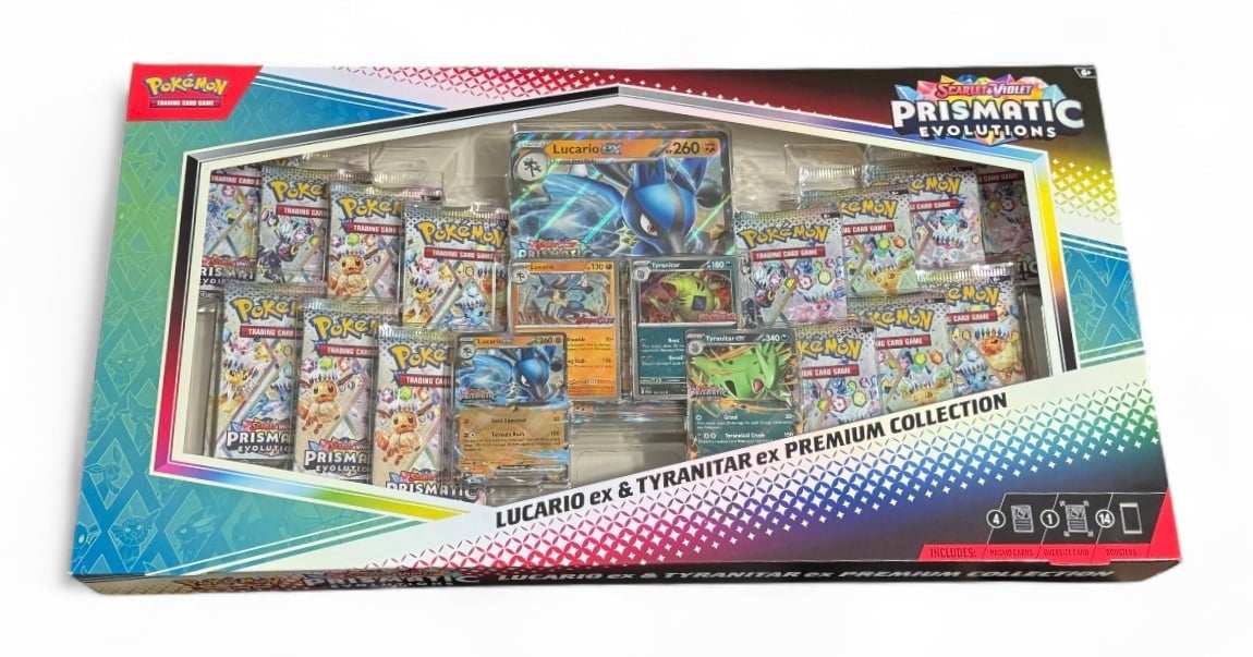 Prismatic Evolutions Lucario EX and Tyranitar EX Premium Pokemon card collection pack