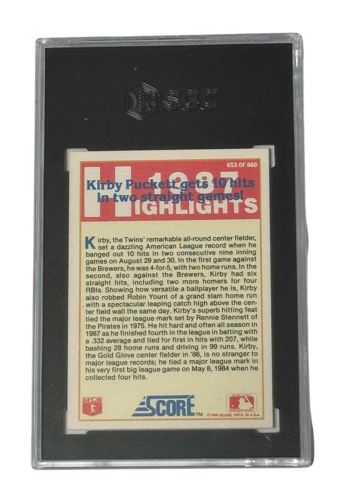 Kirby Puckett 1988 Score 1987 Highlights #653 graded SGC 9 MINT MLB card in protective slab