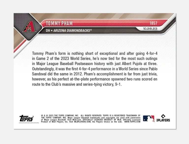 WORLD SERIES highlight card of Tommy Pham 2023 Topps NOW Arizona Diamondbacks four hit game