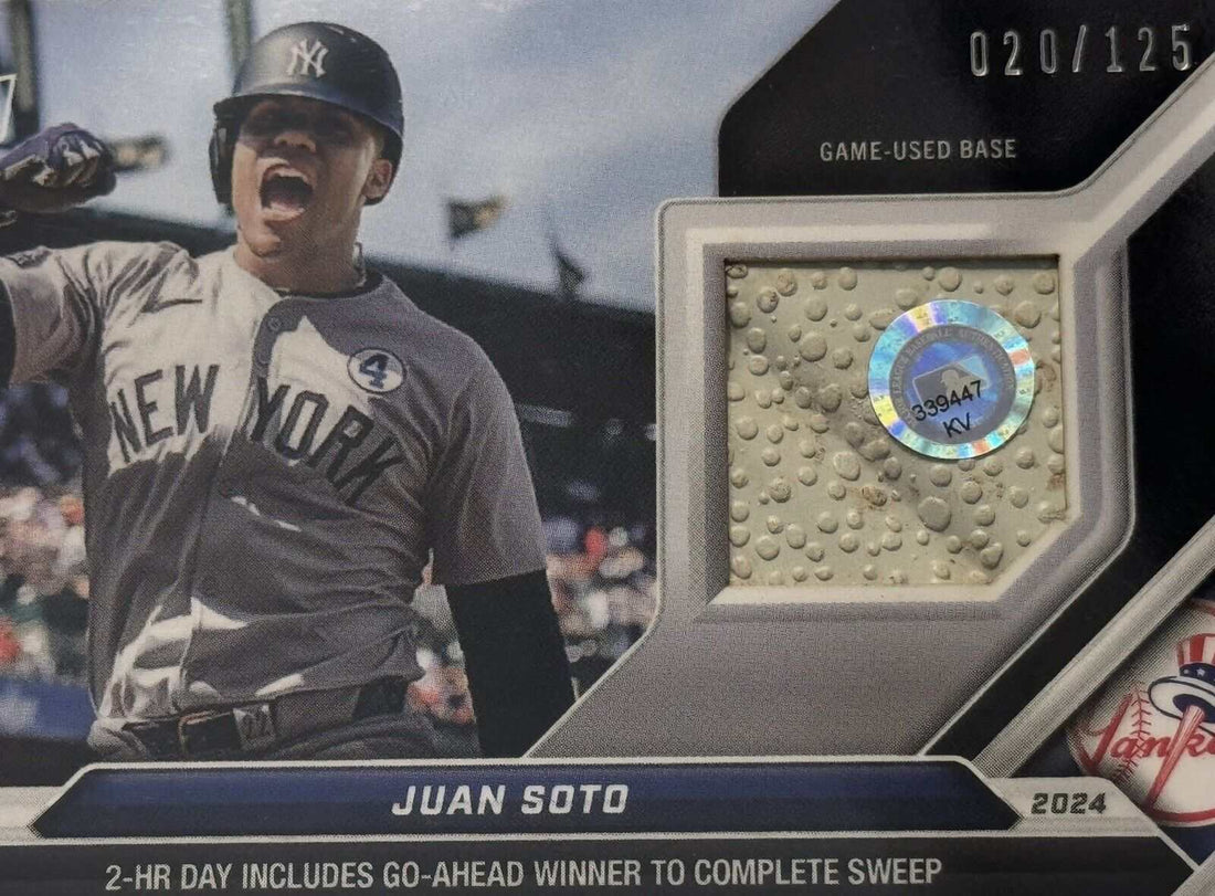 2024 Topps Now Juan Soto 20/125 Yankees game-used base relic baseball card