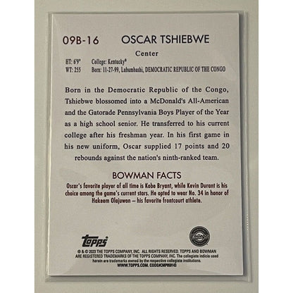 2022-23 Bowman University Chrome  OSCAR TSHIEBWE RC 1st Bowman #09B-16 Wildcats