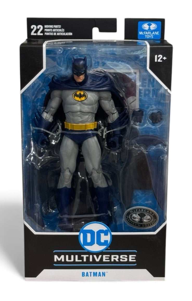 McFarlane DC Multiverse Batman Platinum Edition 7-inch action figure in blue and gray suit with 22 points of articulation in display packaging