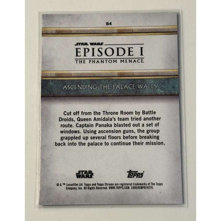 2024 Topps Chrome Sapphire Star Wars Phantom Menace trading card featuring Obi-Wan Kenobi and Darth Maul ascending palace walls