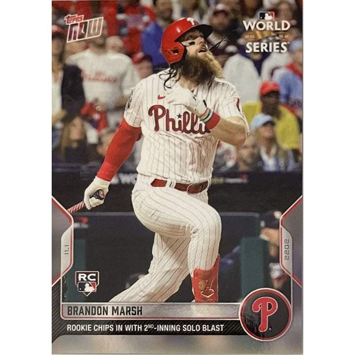 WORLD SERIES Brandon Marsh Topps NOW rookie card showing Phillies player after 2nd inning solo blast during postseason