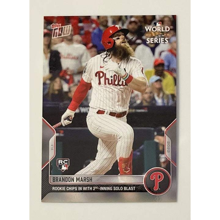 WORLD SERIES Brandon Marsh Topps NOW rookie card showing Phillies player after 2nd inning solo blast during postseason