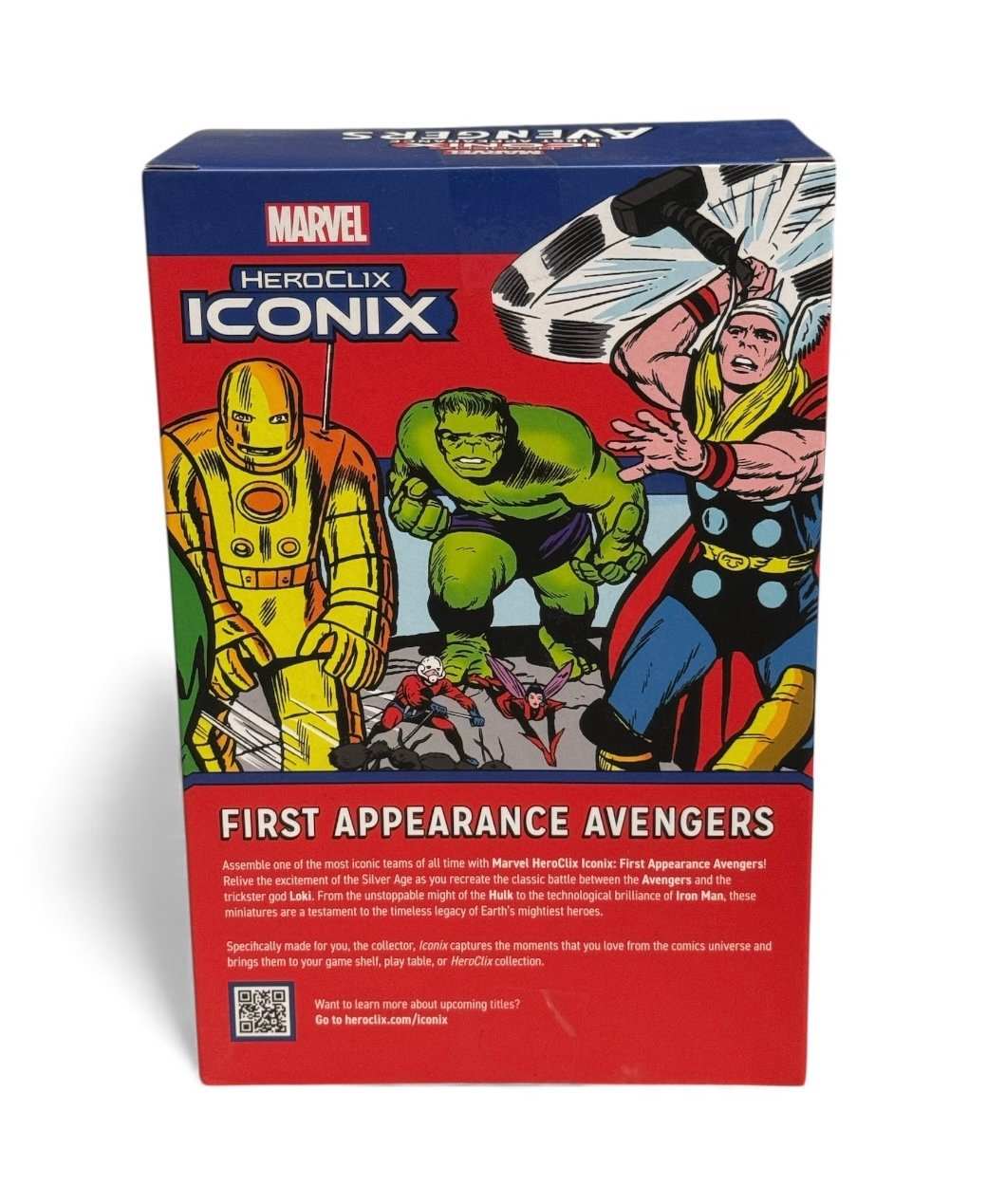 Marvel HeroClix ICONIX First Appearance Avengers sealed collectible box featuring Thor, Iron Man, Hulk, and Loki