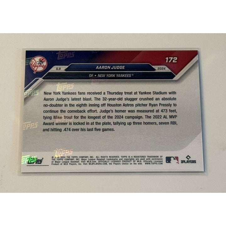All Rise Aaron Judge 2024 MLB Topps Now New York Yankees trading card showing 473 ft monster home run swing