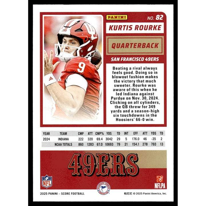 2025 Panini Score NFL football card #82 Kurtis Rourke rookie card San Francisco 49ers near mint condition