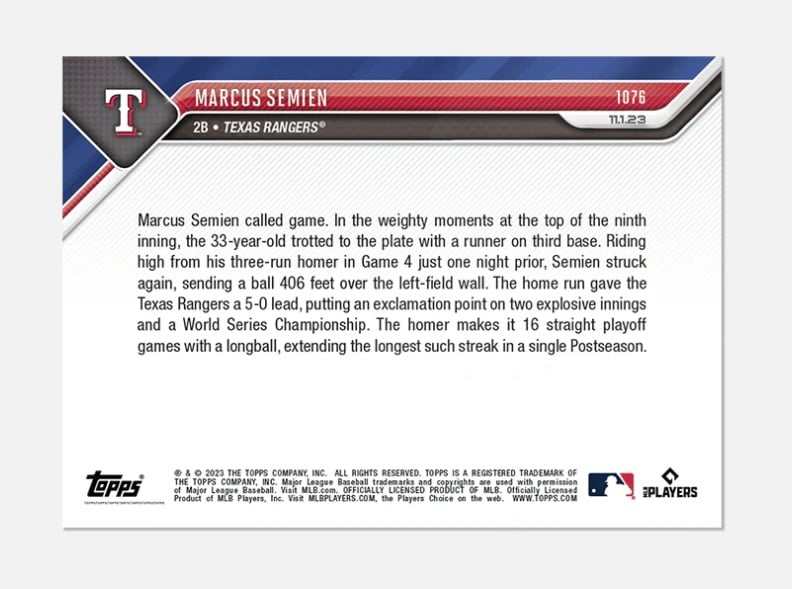 World Series 2023 Marcus Semien Texas Rangers game-winning home run Topps Now card 1076 limited print
