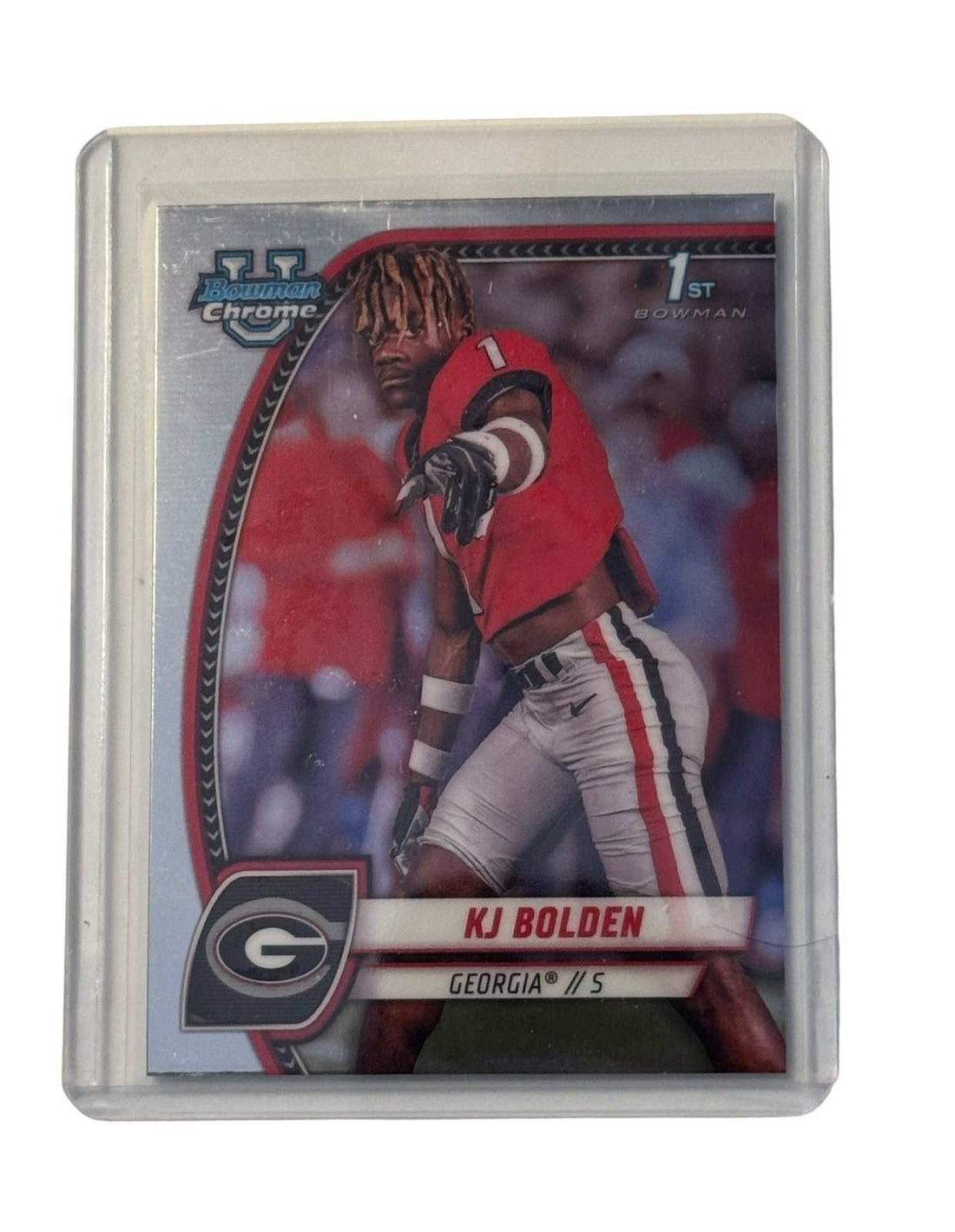 KJ Bolden RC 2024 Bowman U Chrome card featuring Georgia Bulldogs player in protective case