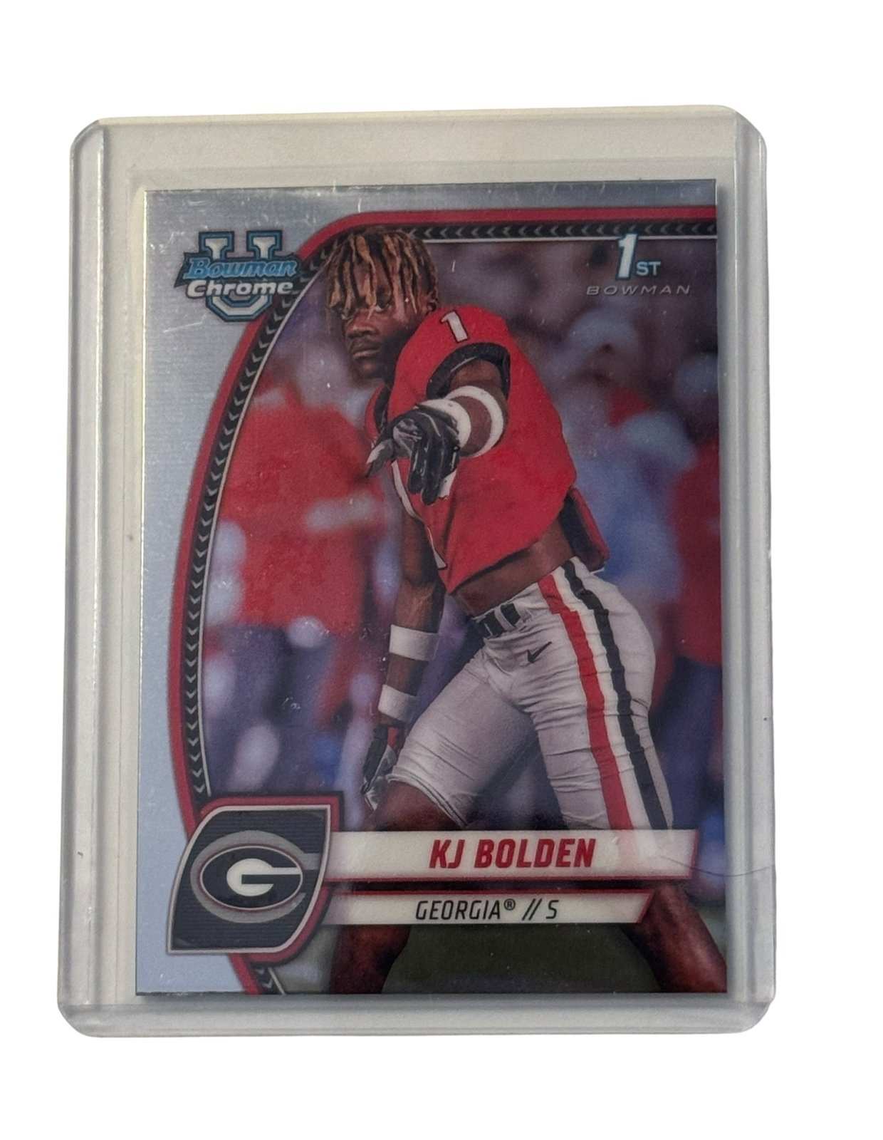 KJ Bolden RC 2024 Bowman U Chrome card featuring Georgia Bulldogs player in protective case