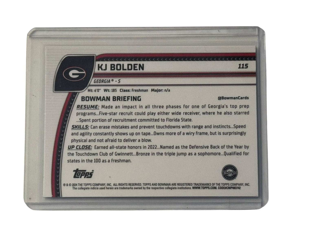 KJ Bolden RC 2024 Bowman U Chrome card featuring Georgia Bulldogs player in protective case